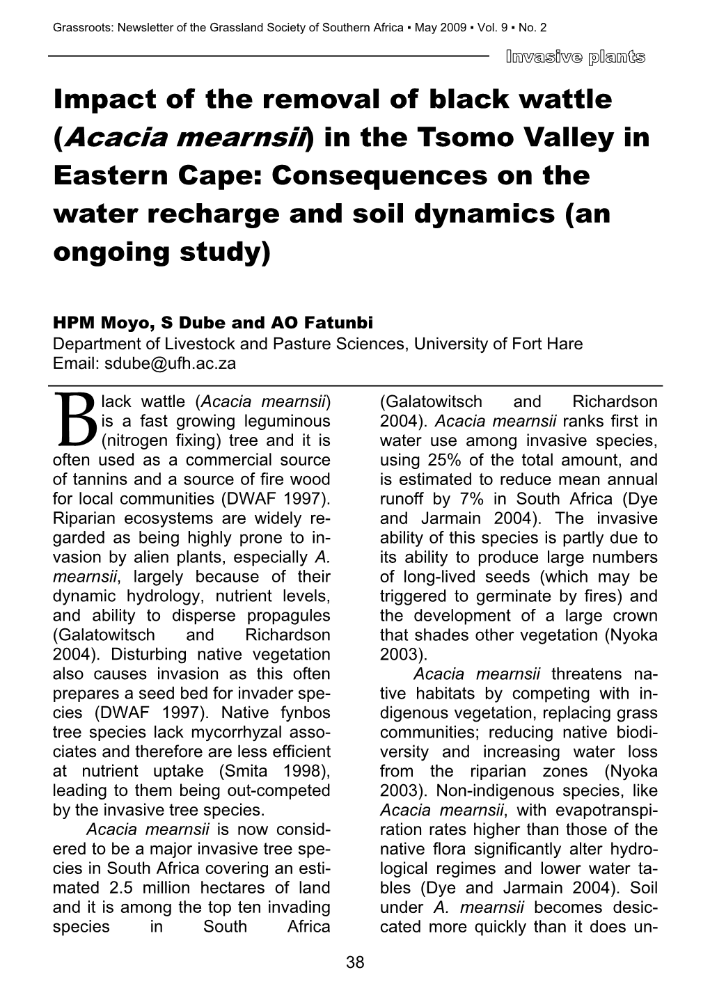 Acacia Mearnsii) in the Tsomo Valley in Eastern Cape: Consequences on the Water Recharge and Soil Dynamics (An Ongoing Study)