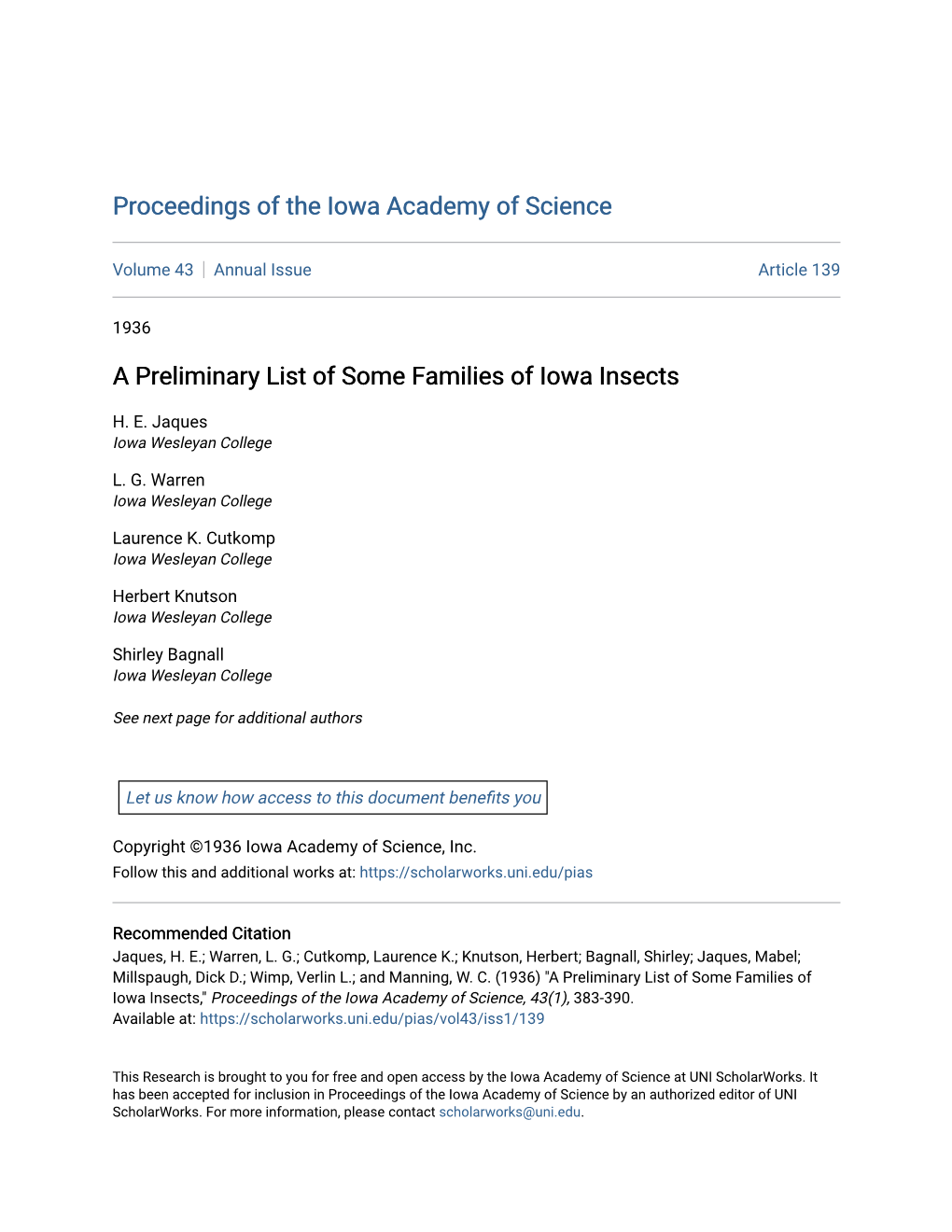 A Preliminary List of Some Families of Iowa Insects