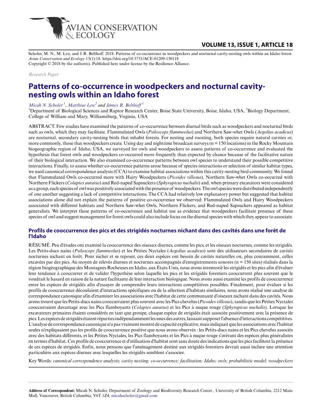 Patterns of Co-Occurrence in Woodpeckers and Nocturnal Cavity-Nesting Owls Within an Idaho Forest