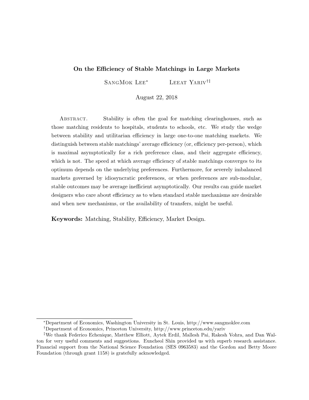 On the Effi Ciency of Stable Matchings in Large Markets Sangmok Lee