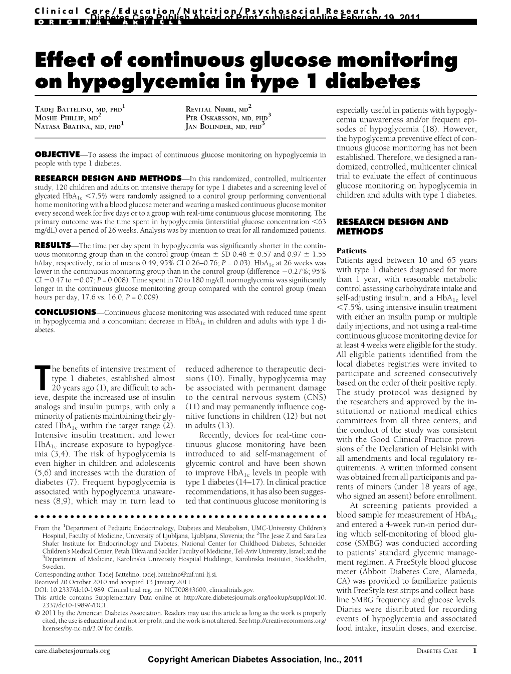 Effect of Continuous Glucose Monitoring on Hypoglycemia in Type 1 Diabetes