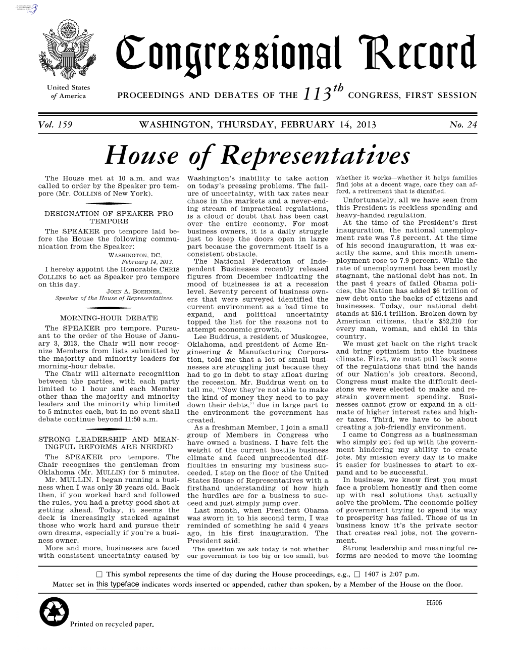 Congressional Record United States Th of America PROCEEDINGS and DEBATES of the 113 CONGRESS, FIRST SESSION