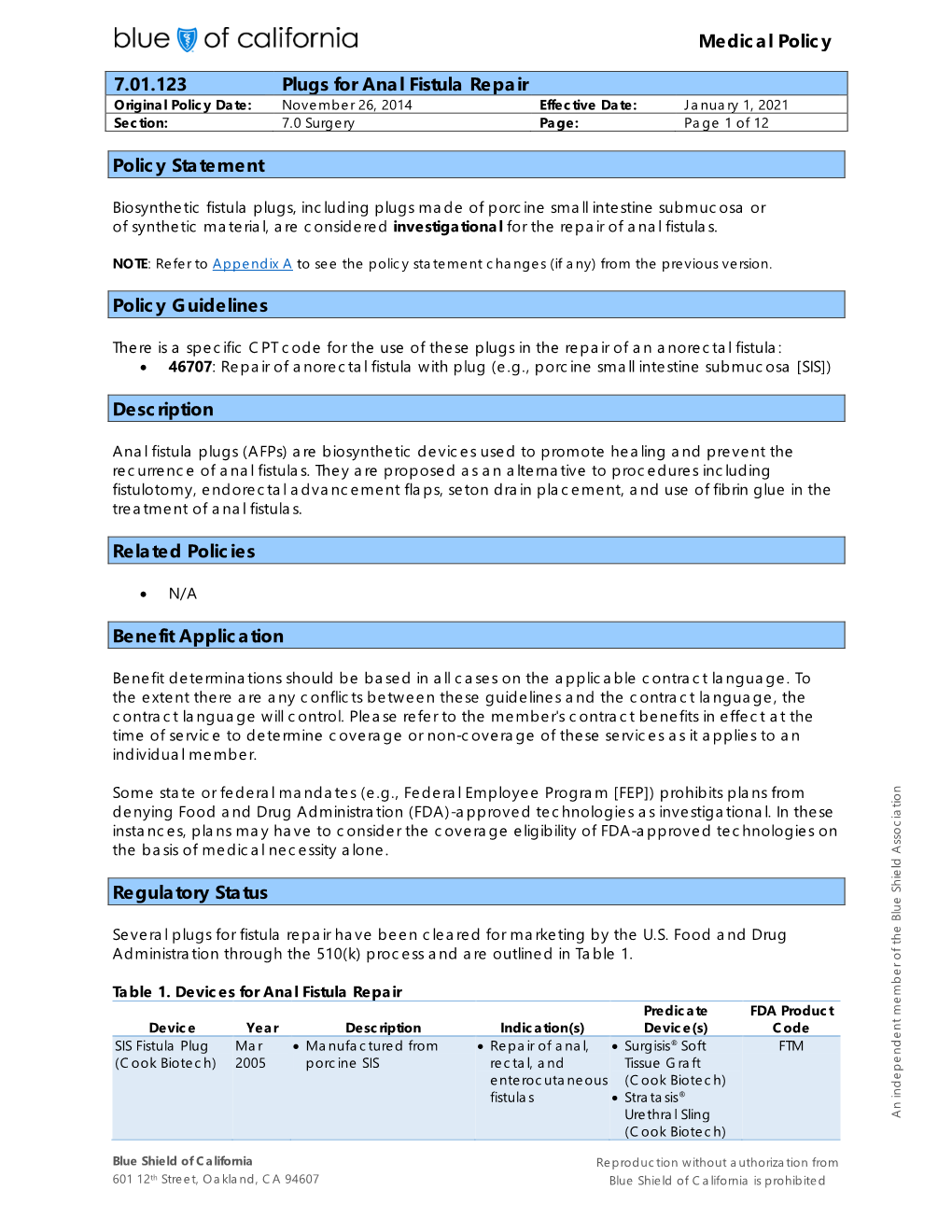 Plugs for Anal Fistula Repair Original Policy Date: November 26, 2014 Effective Date: January 1, 2021 Section: 7.0 Surgery Page: Page 1 of 12