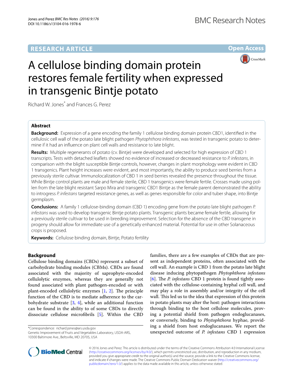 A Cellulose Binding Domain Protein Restores Female Fertility When Expressed in Transgenic Bintje Potato Richard W