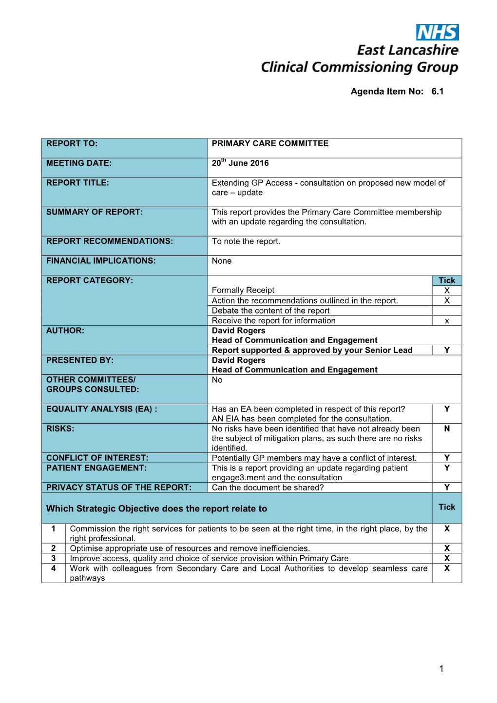 1 Agenda Item No: 6.1 Which Strategic Objective Does the Report Relate To