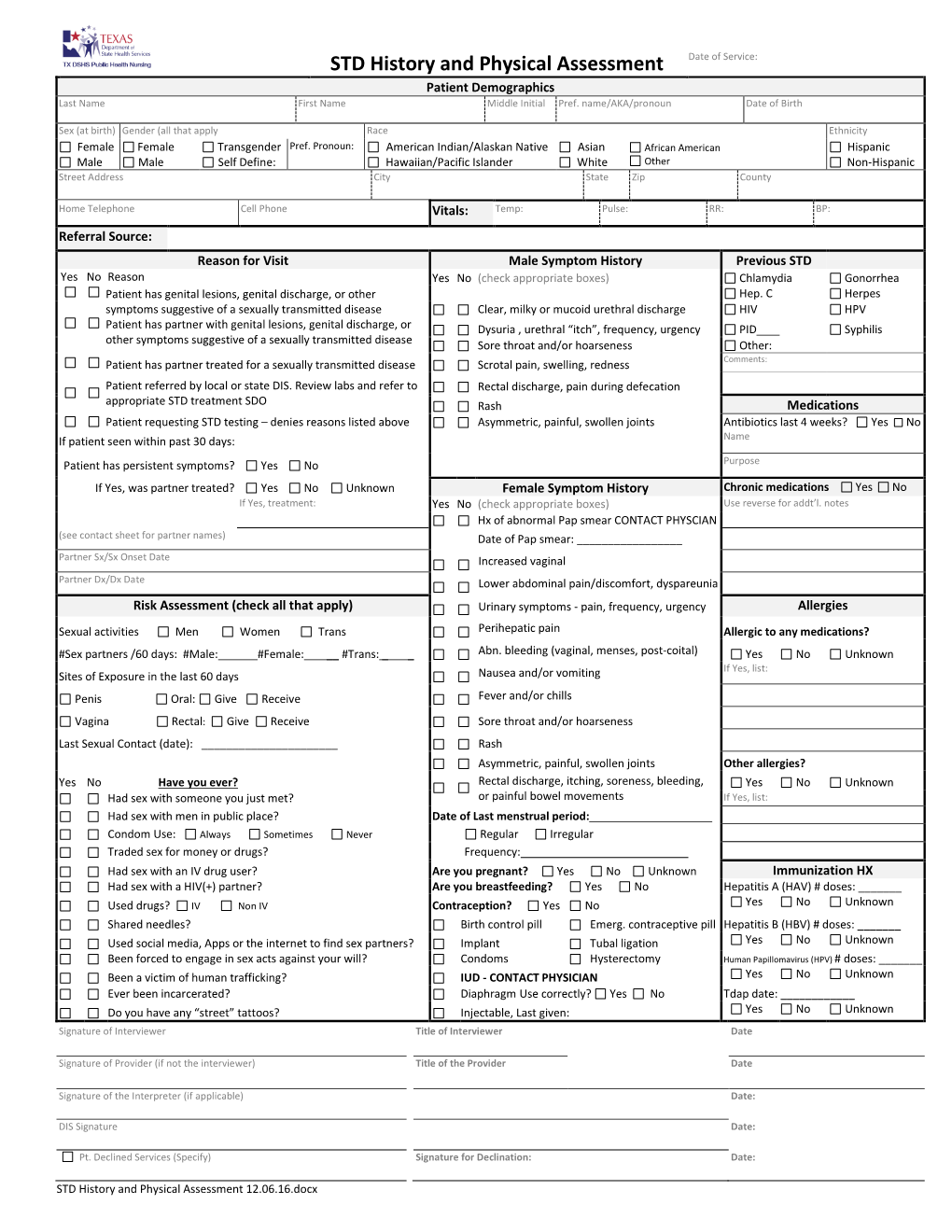 STD History and Physical Assessment Date of Service: Patient Demographics Last Name First Name Middle Initial Pref