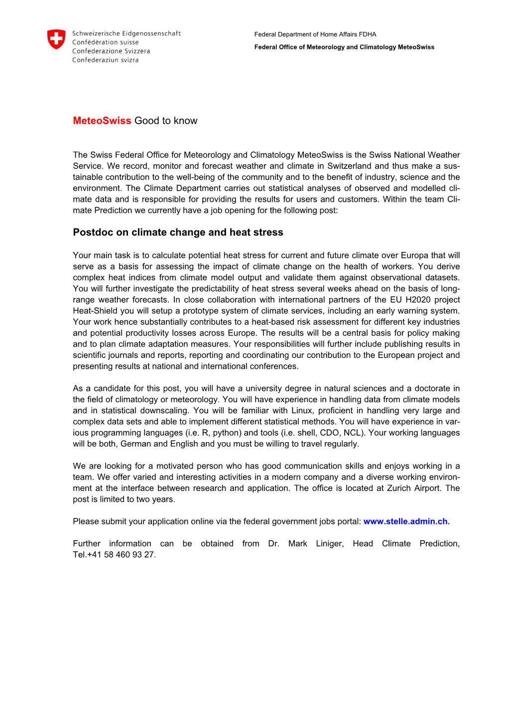 Meteoswiss Good to Know Postdoc on Climate Change and Heat Stress