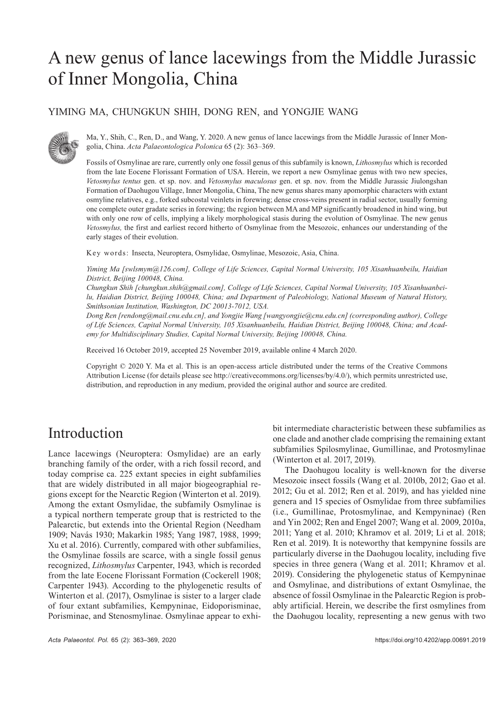 A New Genus of Lance Lacewings from the Middle Jurassic of Inner Mongolia, China