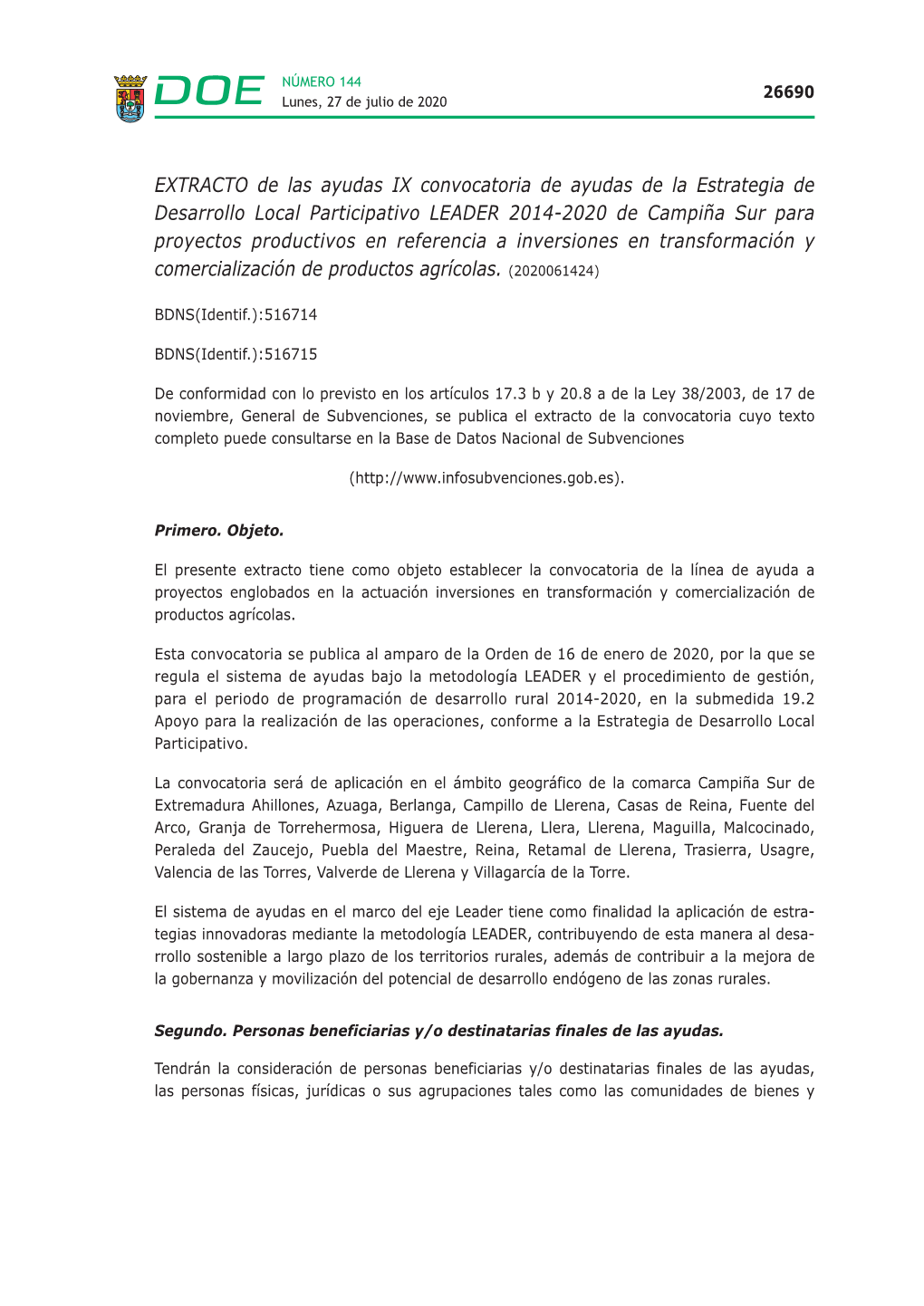 EXTRACTO De Las Ayudas IX Convocatoria De Ayudas De La Estrategia De Desarrollo Local Participativo LEADER 2014-2020 De Campiña