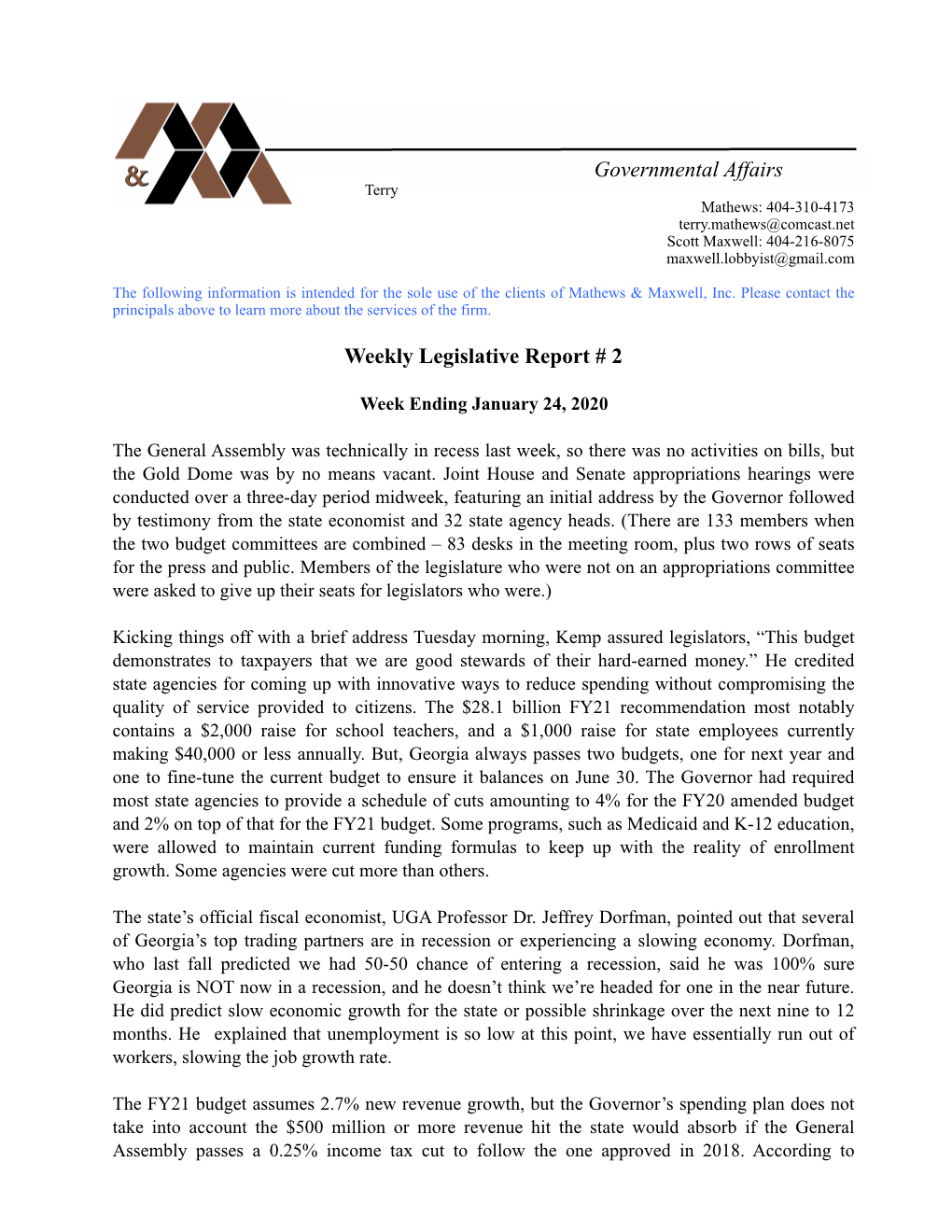 Weekly Legislative Report #2 1-24-20