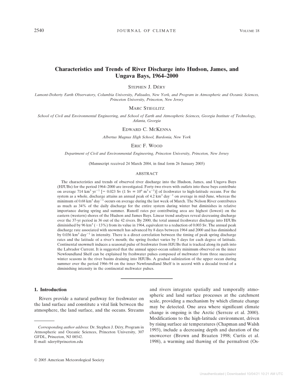 Characteristics and Trends of River Discharge Into Hudson, James, and Ungava Bays, 1964–2000