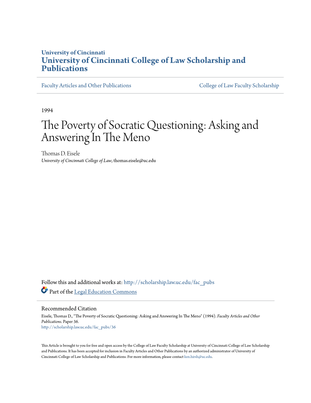 The Poverty of Socratic Questioning: Asking and Answering in the Meno