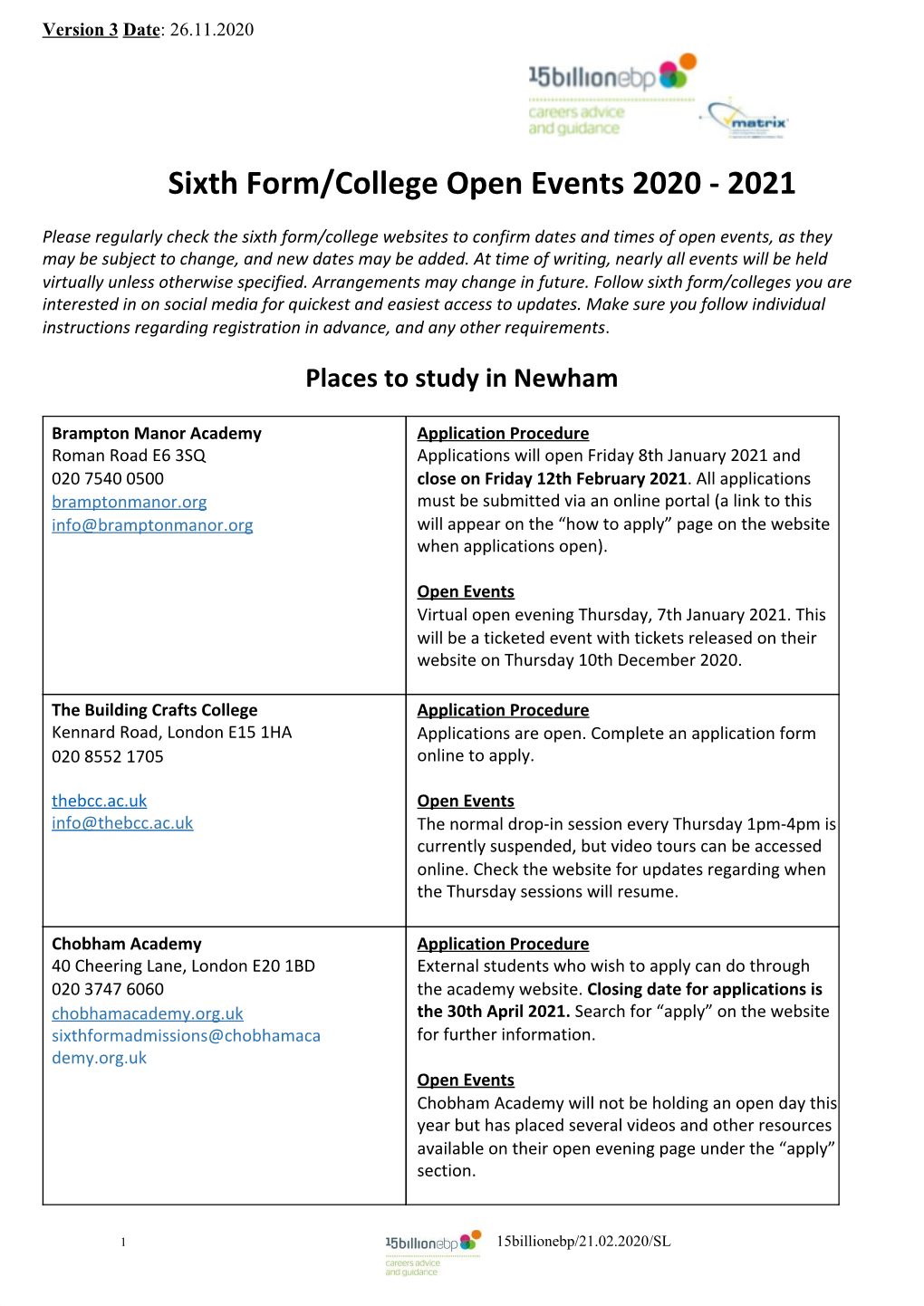 Sixth Form/College Open Events 2020 - 2021