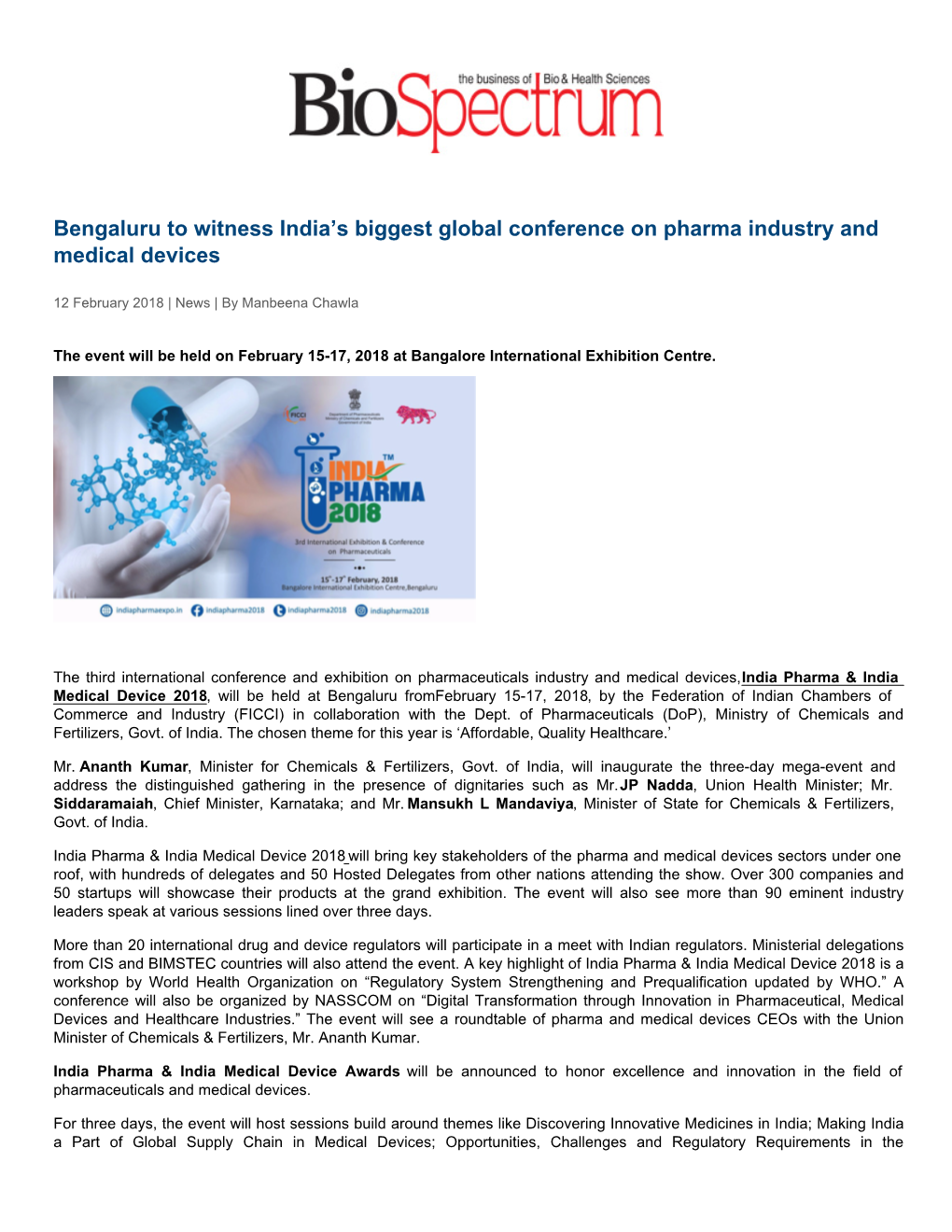 Bengaluru to Witness India™S Biggest Global Conference on Pharma