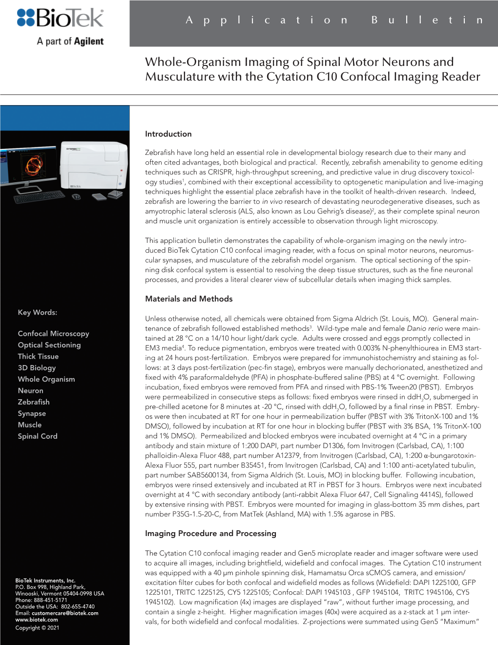 Whole-Organism Imaging of Spinal Motor Neurons and Musculature with the Cytation C10 Confocal Imaging Reader