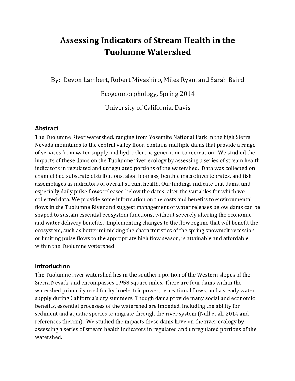 Assessing Indicators of Stream Health in the Tuolumne Watershed