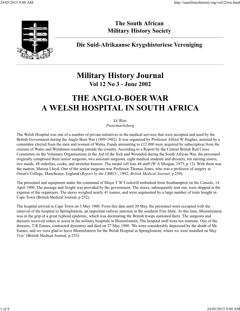 The Anglo-Boer War, a Welsh Hospital in South Africa