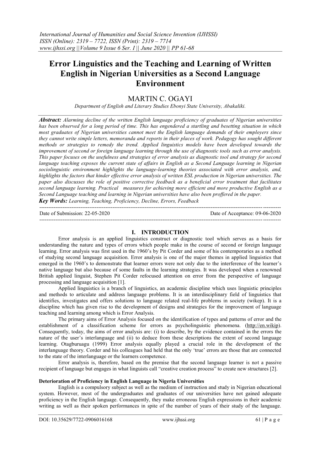 Error Linguistics and the Teaching and Learning of Written English in Nigerian Universities As a Second Language Environment