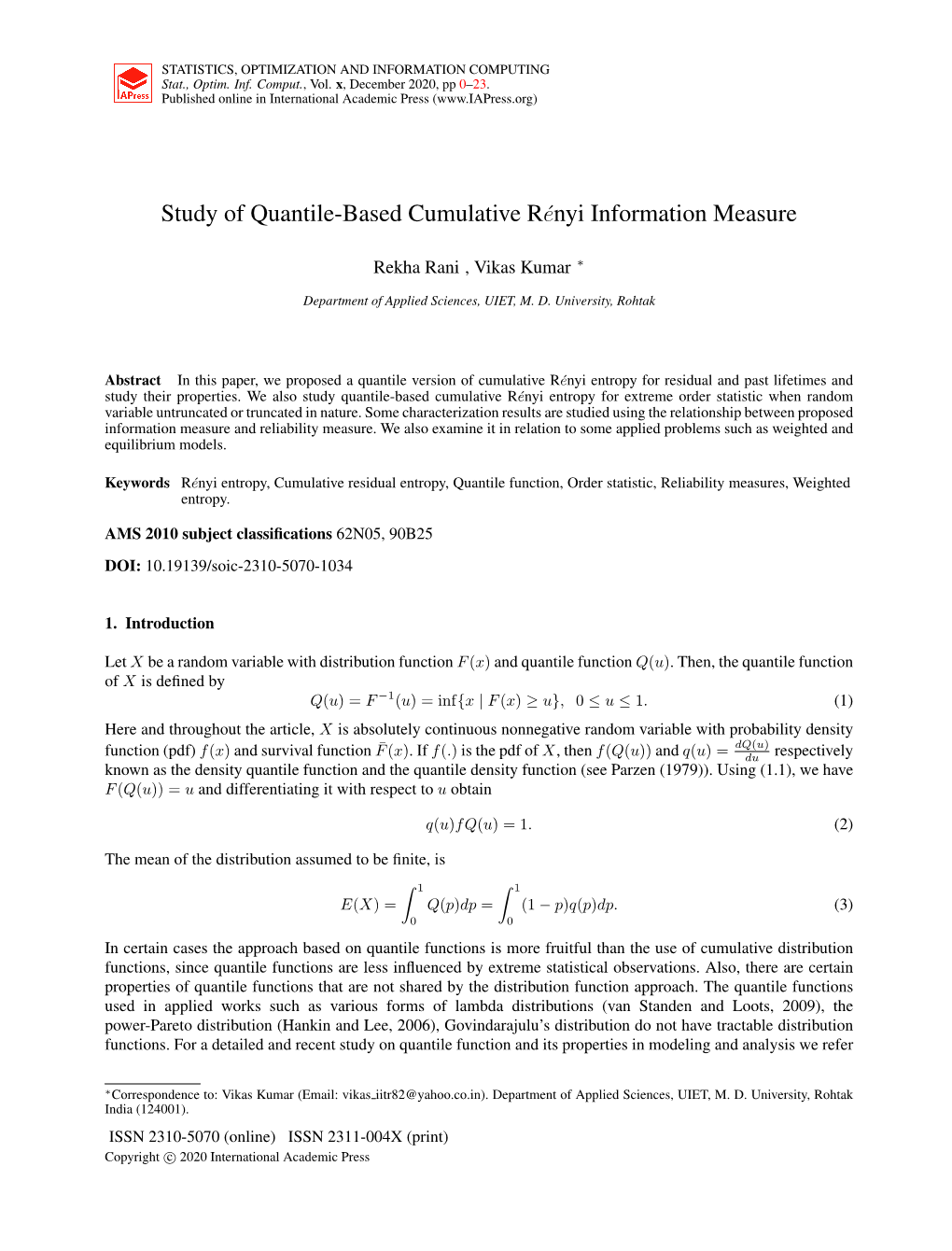 Study of Quantile-Based Cumulative R´Enyi Information Measure