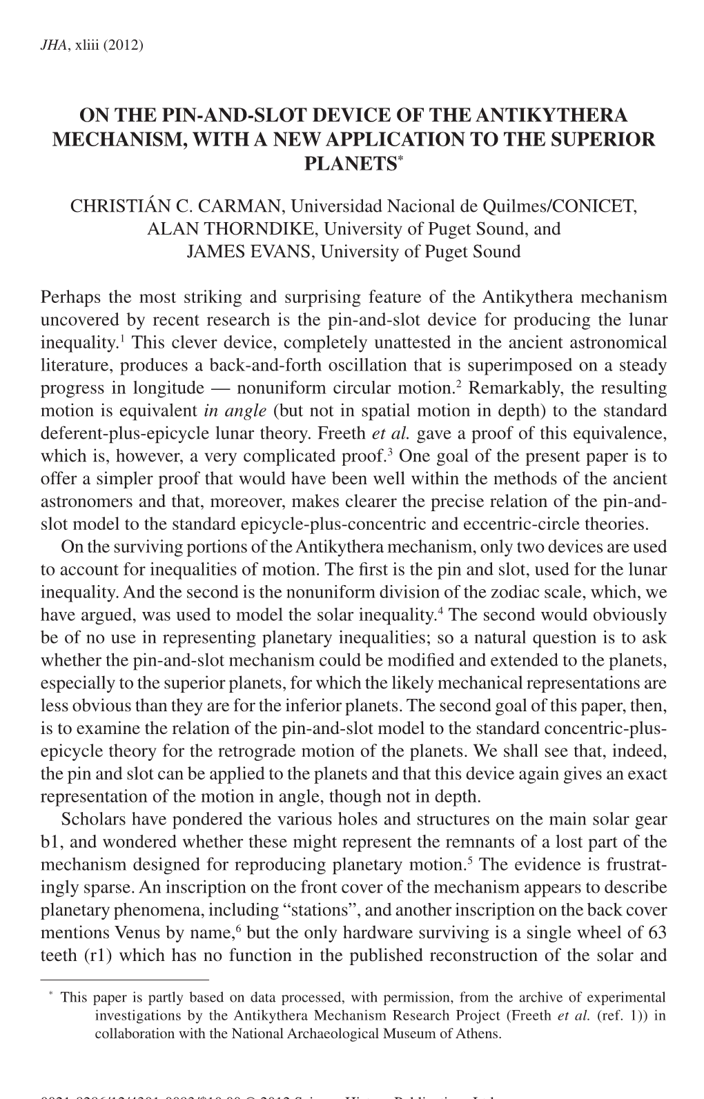 On the Pin-And-Slot Device of the Antikythera Mechanism, with a New Application to the Superior ­Planets*