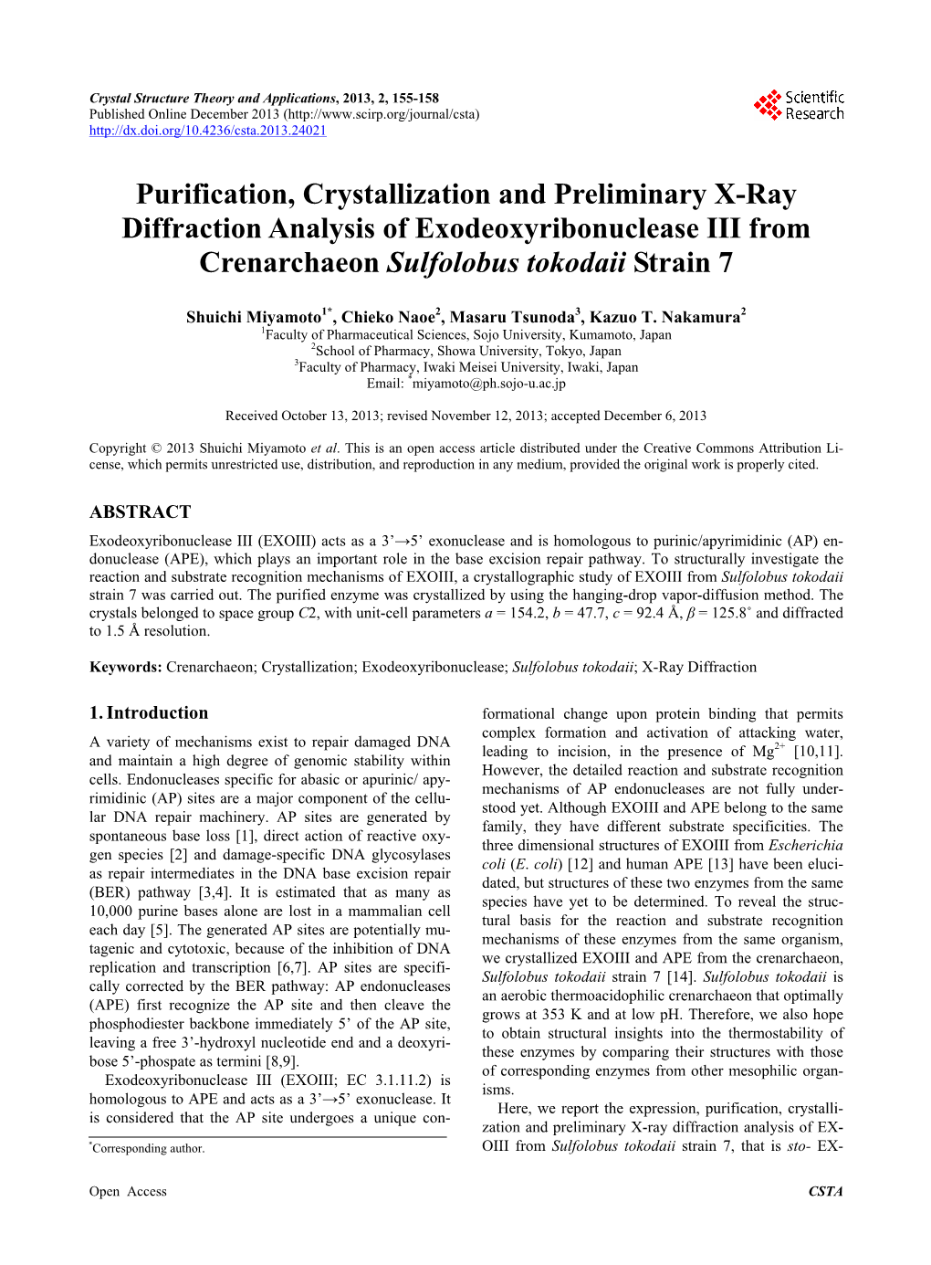 Purification, Crystallization and Preliminary X-Ray Diffraction Analysis of Exodeoxyribonuclease III from Crenarchaeon Sulfolobus Tokodaii Strain 7