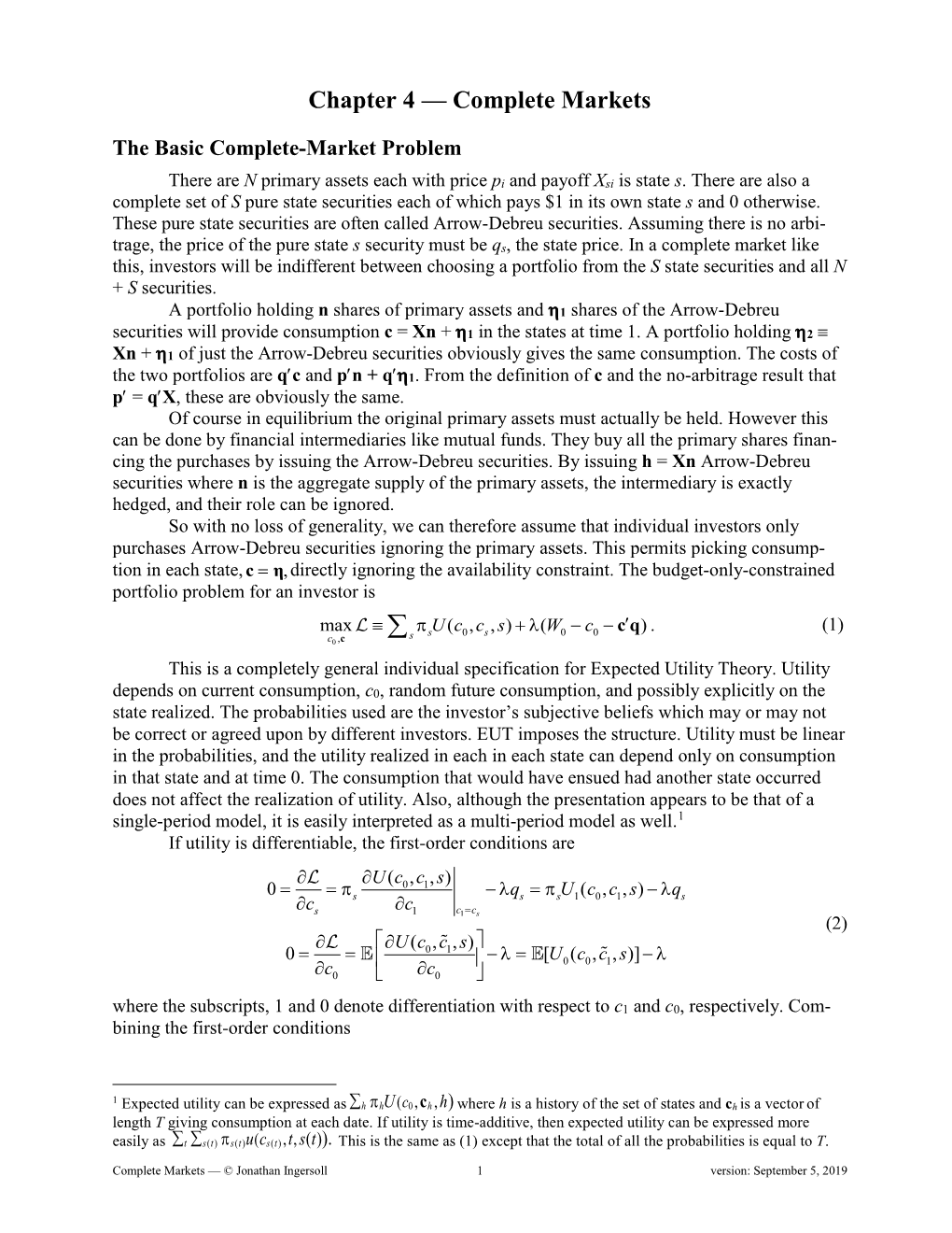 Chapter 4 — Complete Markets