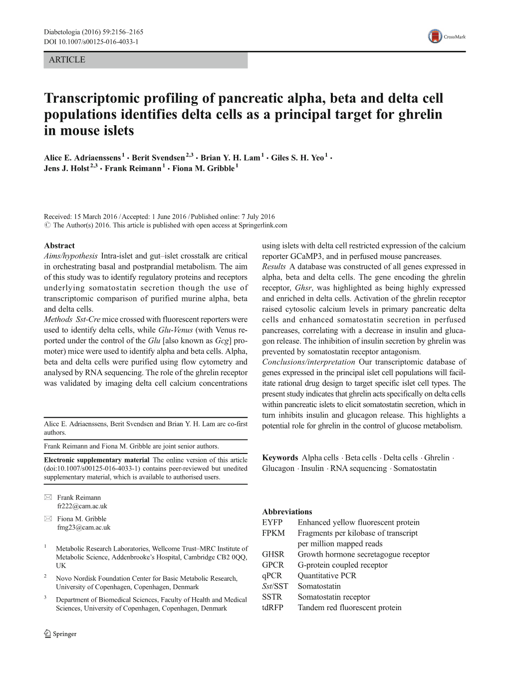 Transcriptomic Profiling of Pancreatic Alpha, Beta and Delta Cell Populations Identifies Delta Cells As a Principal Target for Ghrelin in Mouse Islets