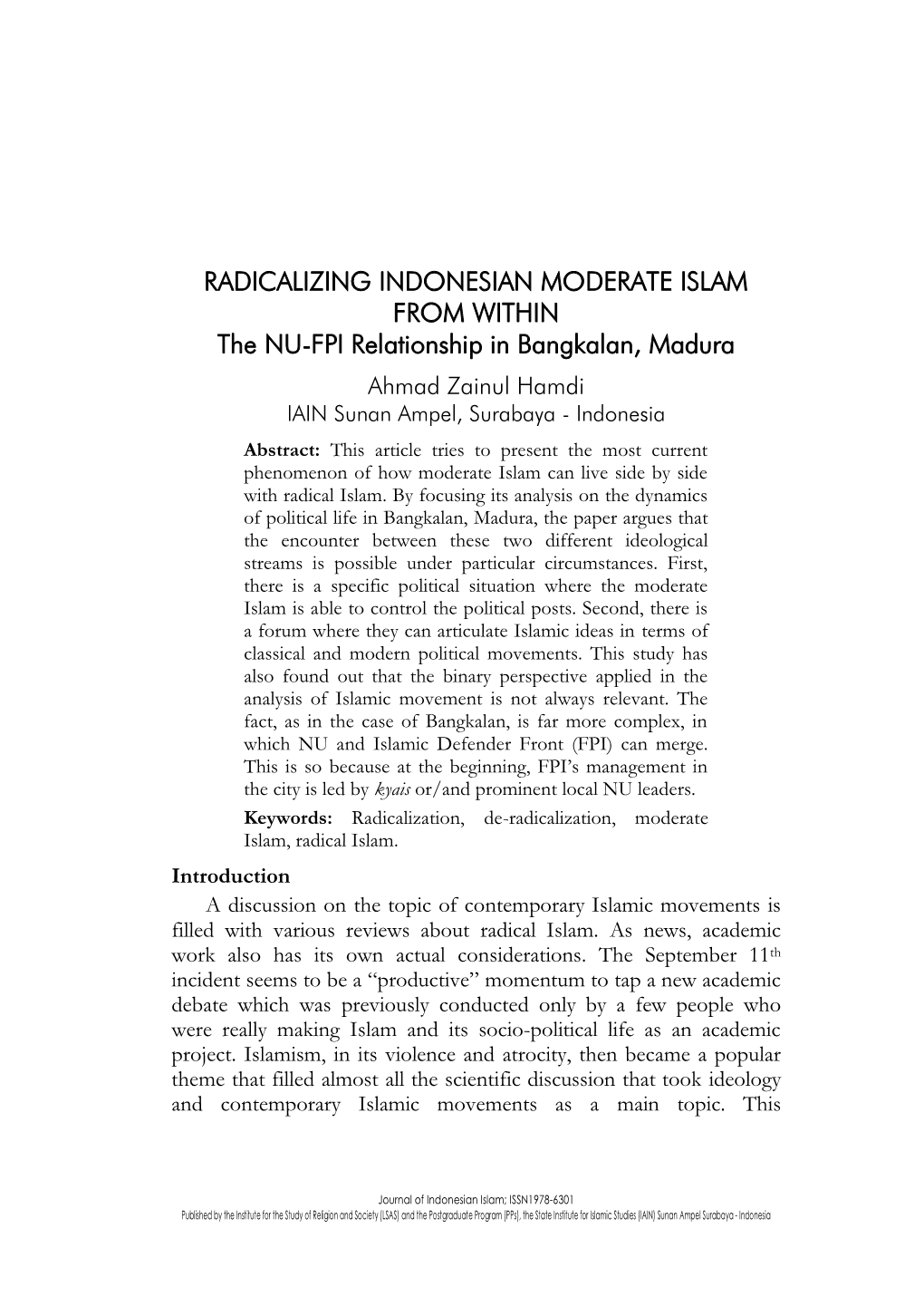 RADICALIZING INDONESIAN MODERATE ISLAM from WITHIN the NU-FPI Relationship in Bangkalan, Madura