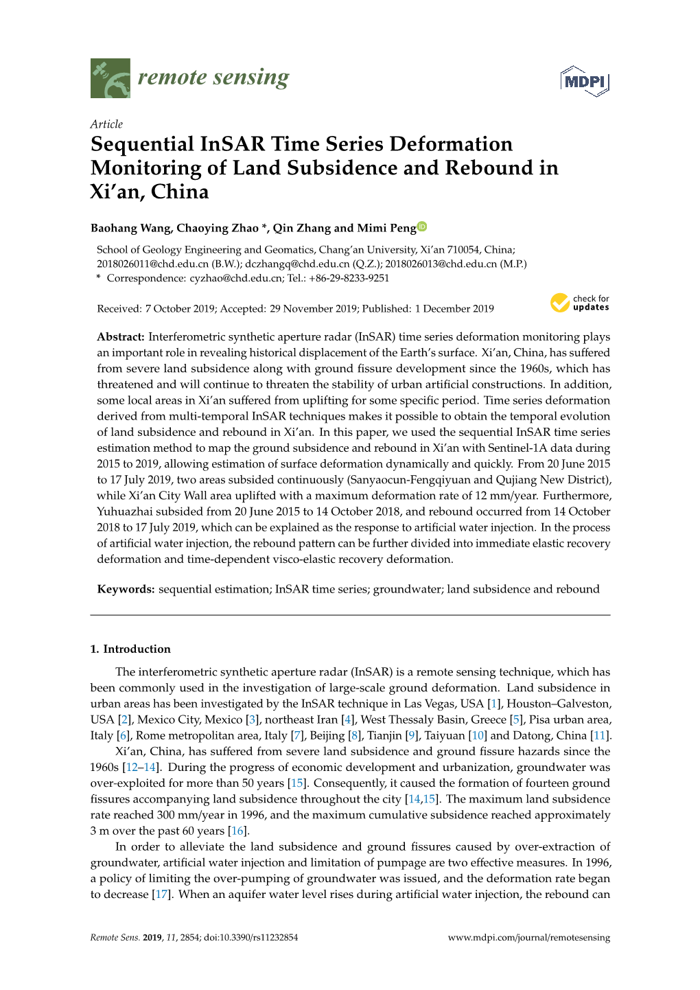 Sequential Insar Time Series Deformation Monitoring of Land Subsidence and Rebound in Xi'an, China