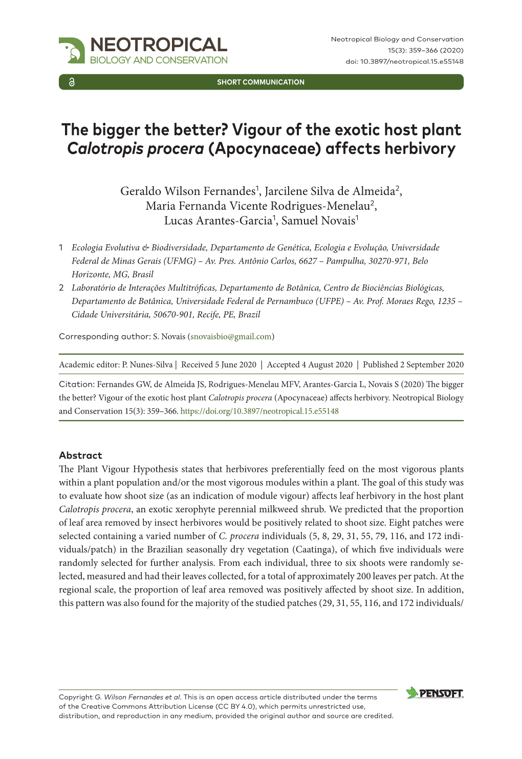 Vigour of the Exotic Host Plant Calotropis Procera (Apocynaceae) Affects Herbivory