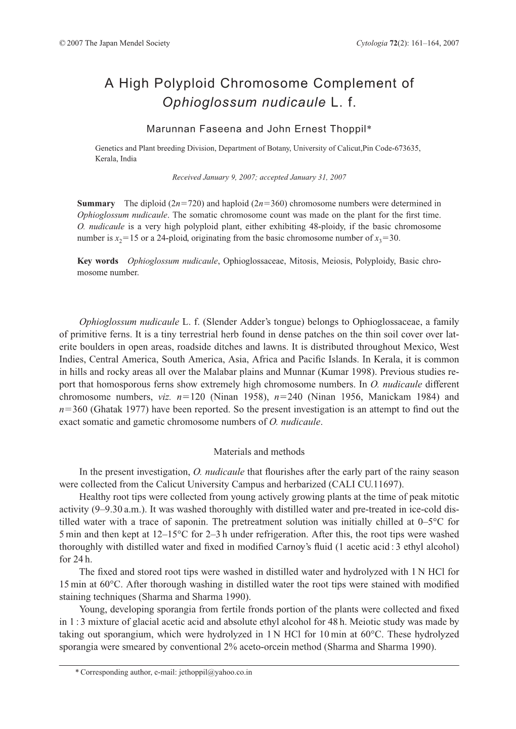 A High Polyploid Chromosome Complement of Ophioglossum Nudicaule L