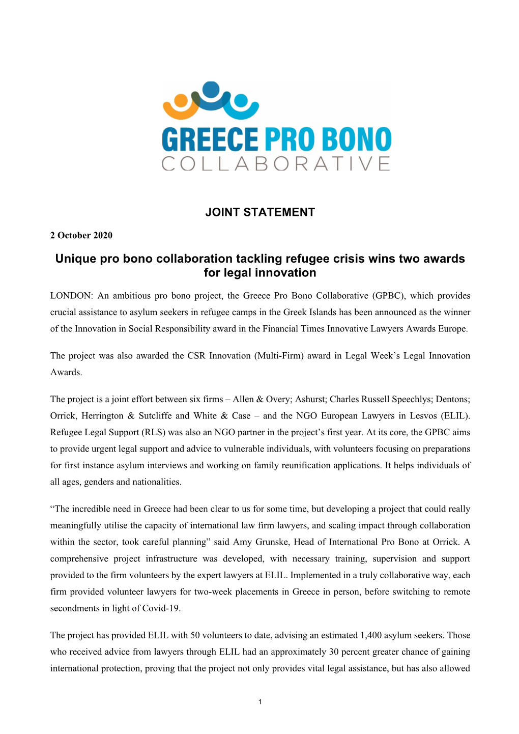 JOINT STATEMENT Unique Pro Bono Collaboration Tackling Refugee Crisis