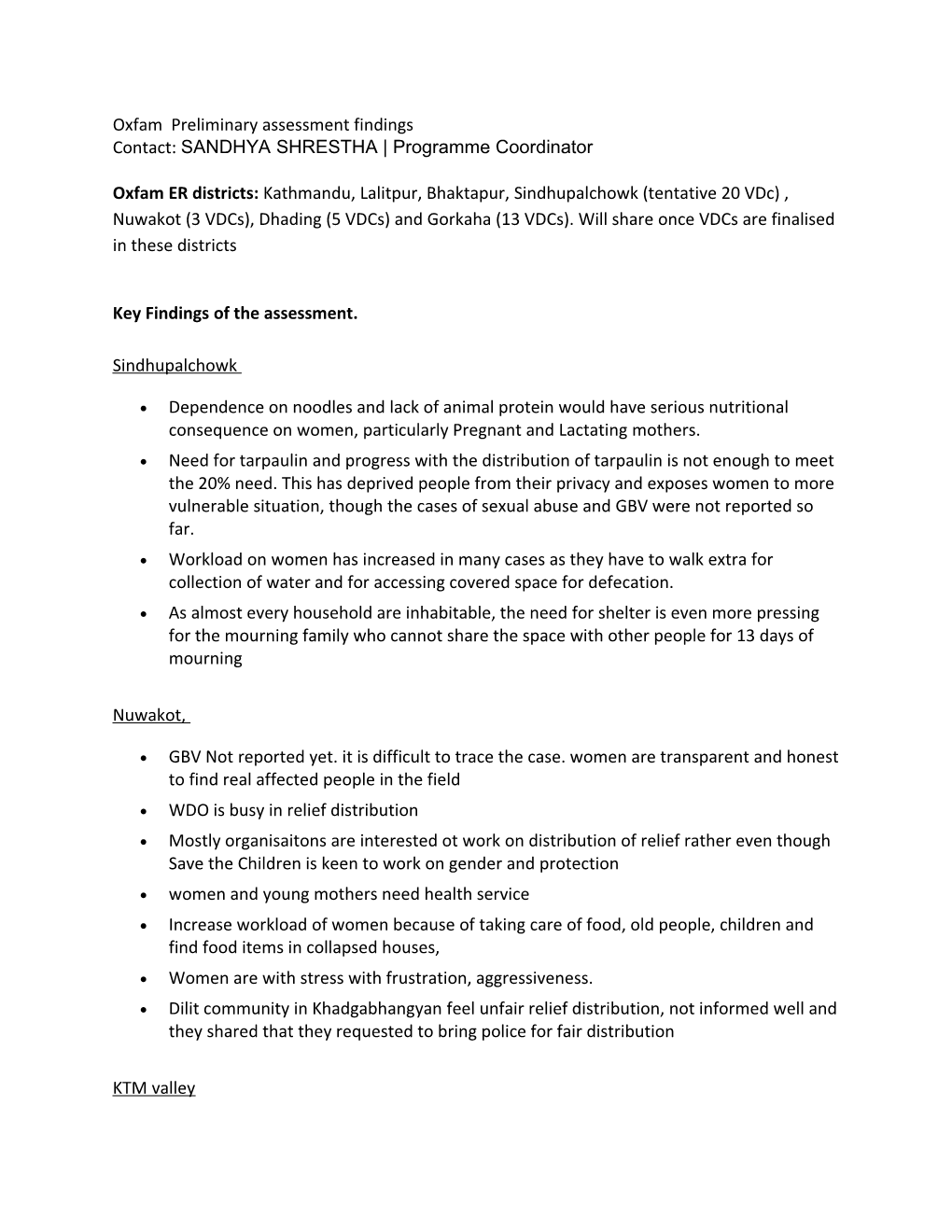 Oxfam Preliminary Assessment Findings