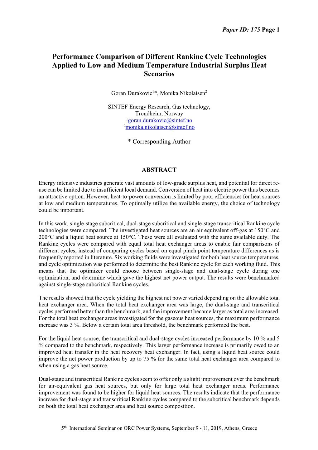 Performance Comparison of Different Rankine Cycle Technologies Applied to Low and Medium Temperature Industrial Surplus Heat Scenarios