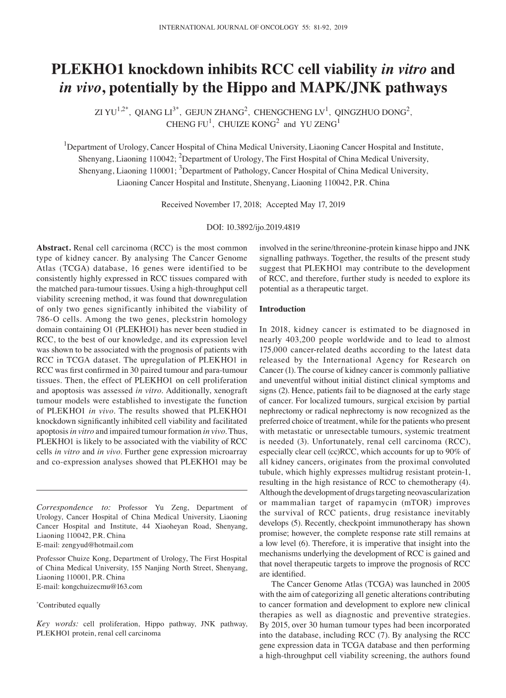 PLEKHO1 Knockdown Inhibits RCC Cell Viability in Vitro and in Vivo, Potentially by the Hippo and MAPK/JNK Pathways