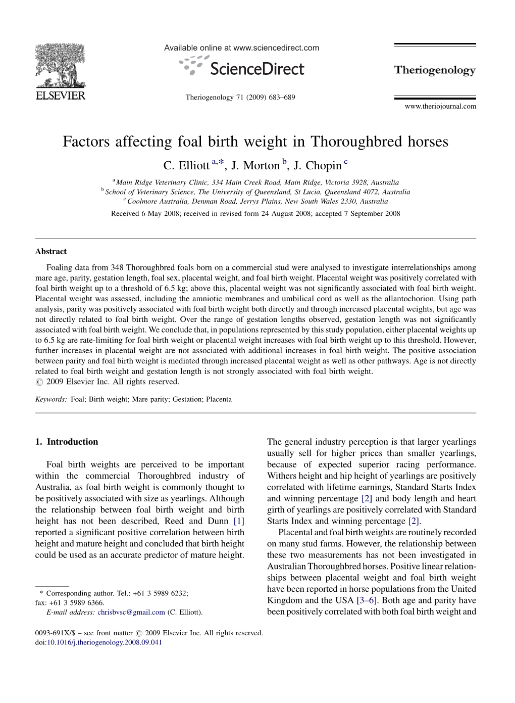 Factors Affecting Foal Birth Weight in Thoroughbred Horses C