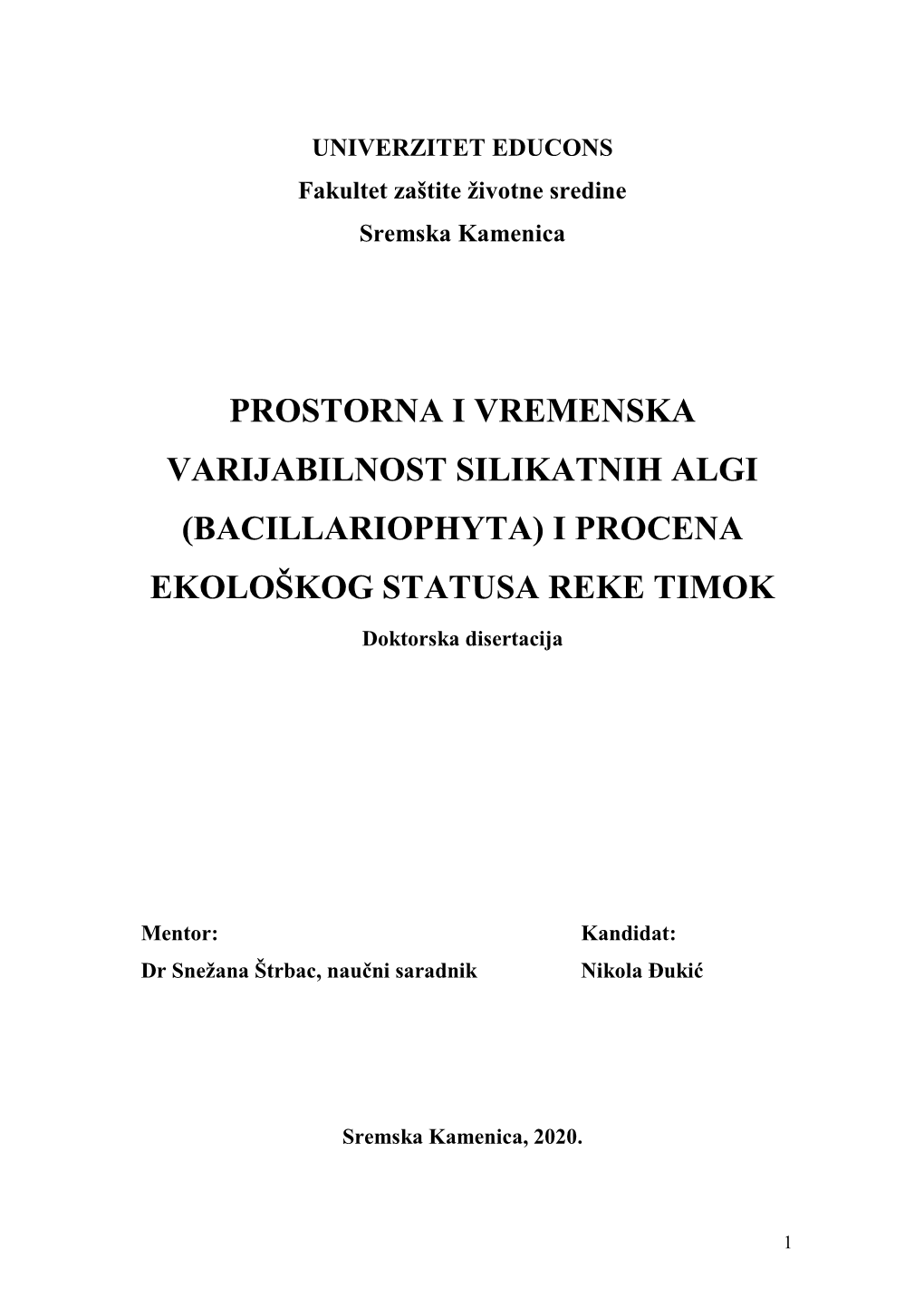 (Bacillariophyta) I Procena Ekološkog Statusa Reke Timok