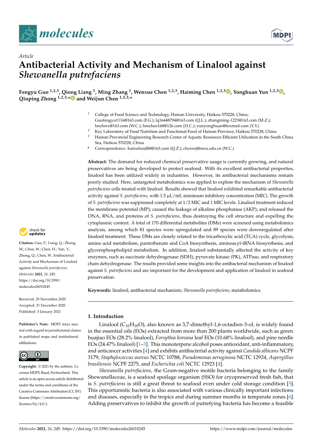 Antibacterial Activity and Mechanism of Linalool Against Shewanella Putrefaciens