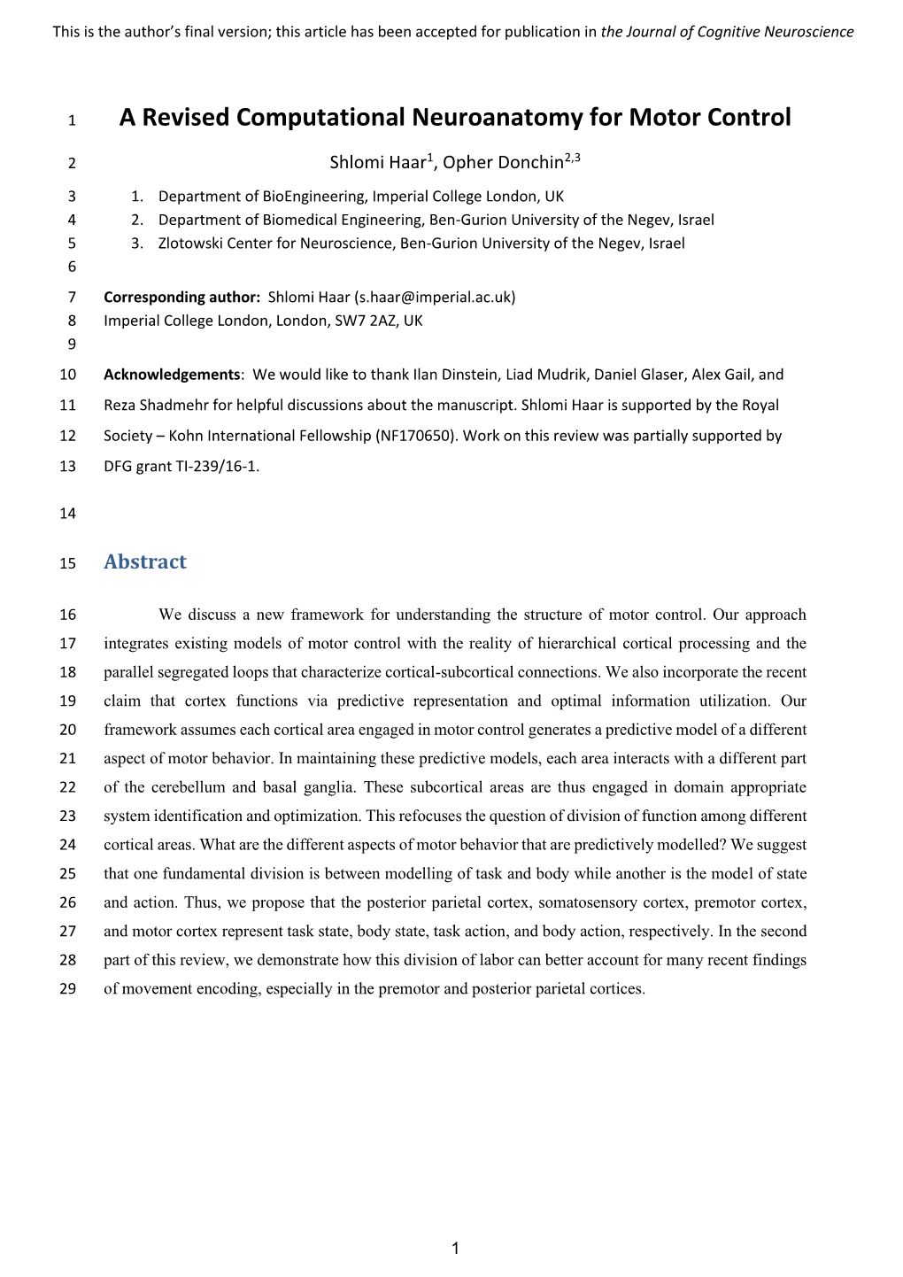 A Revised Computational Neuroanatomy for Motor Control