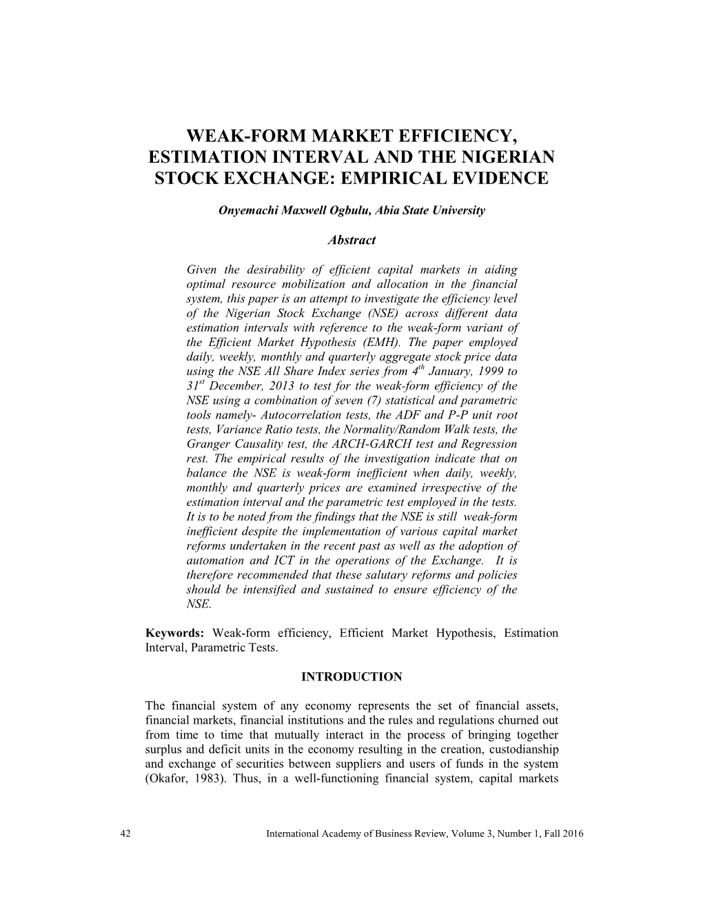 Weak-Form Market Efficiency, Estimation Interval and the Nigerian Stock Exchange: Empirical Evidence