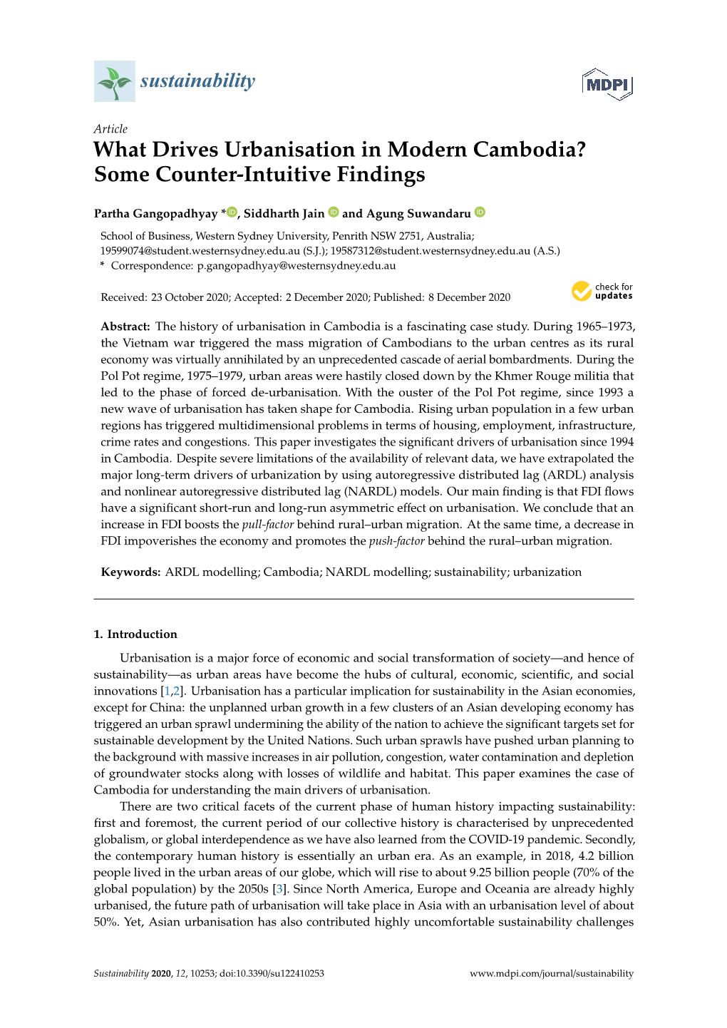 What Drives Urbanisation in Modern Cambodia? Some Counter-Intuitive Findings