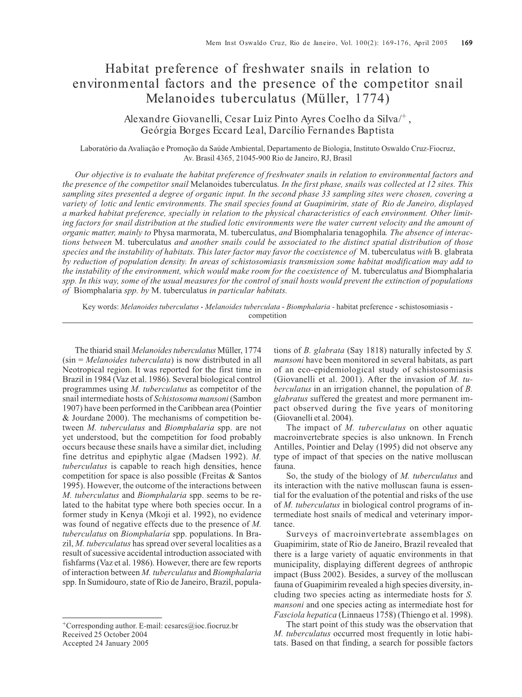 Habitat Preference of Freshwater Snails in Relation to Environmental Factors