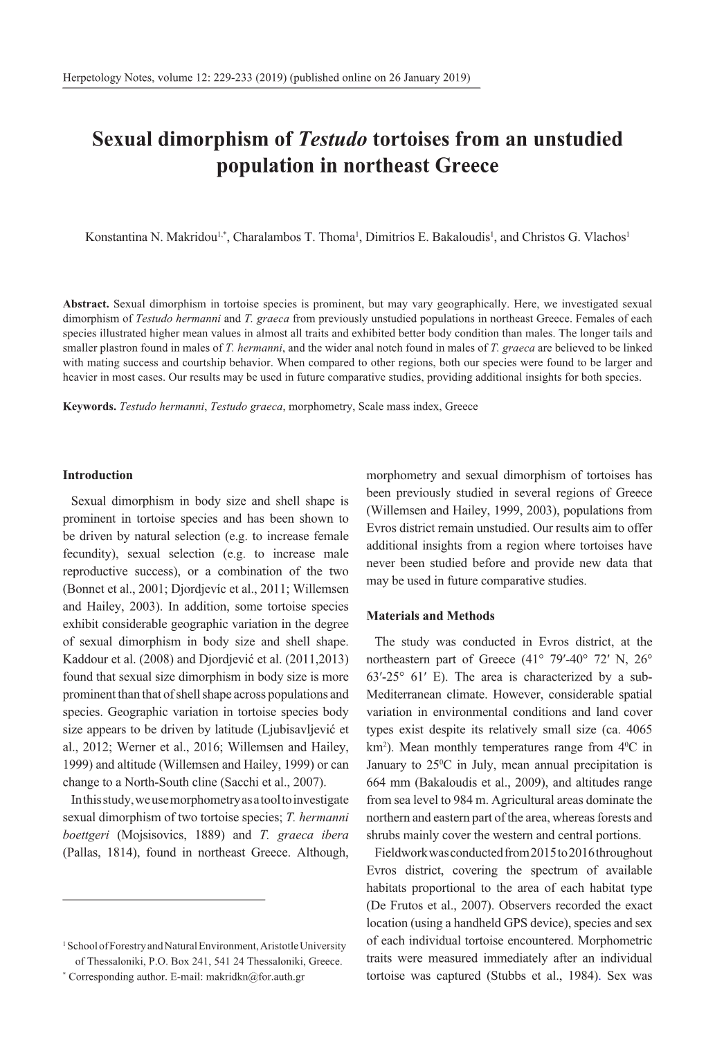 Sexual Dimorphism of Testudo Tortoises from an Unstudied Population in Northeast Greece