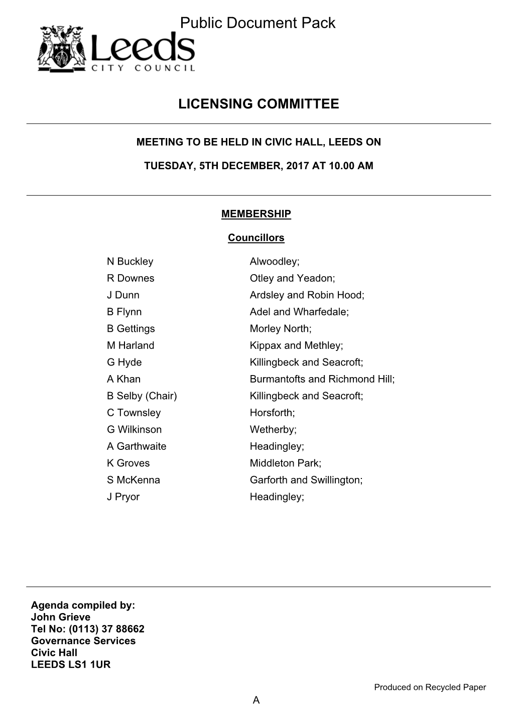 (Public Pack)Agenda Document for Licensing Committee, 05/12/2017 10:00