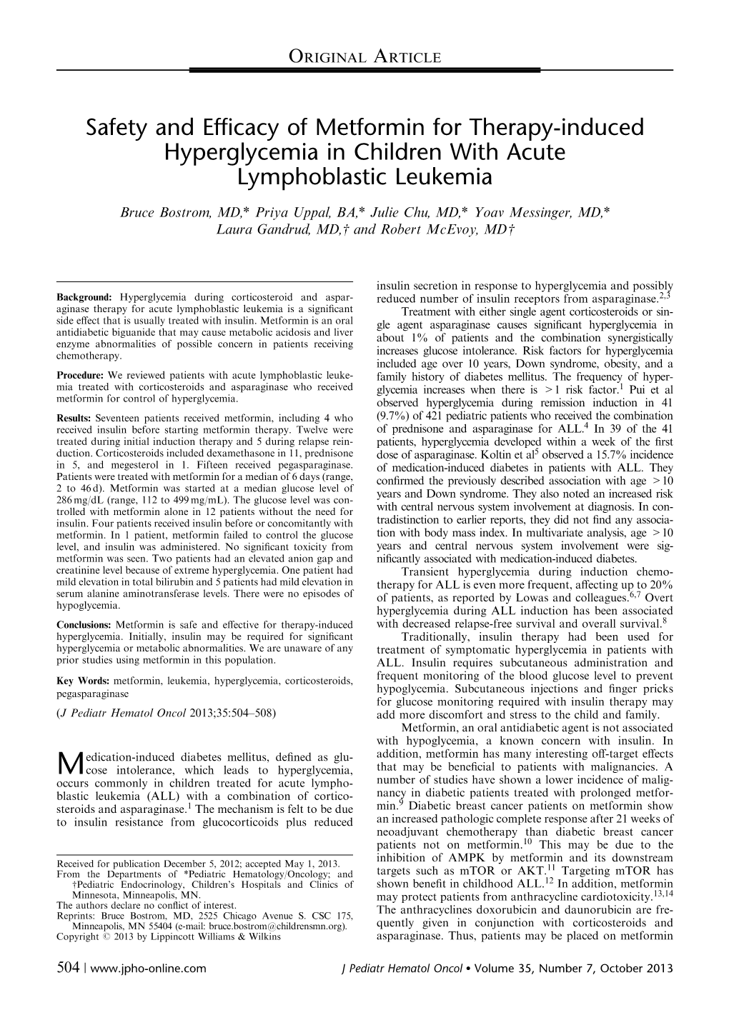 Safety and Efficacy of Metformin for Therapy-Induced Hyperglycemia in Children with Acute Lymphoblastic Leukemia