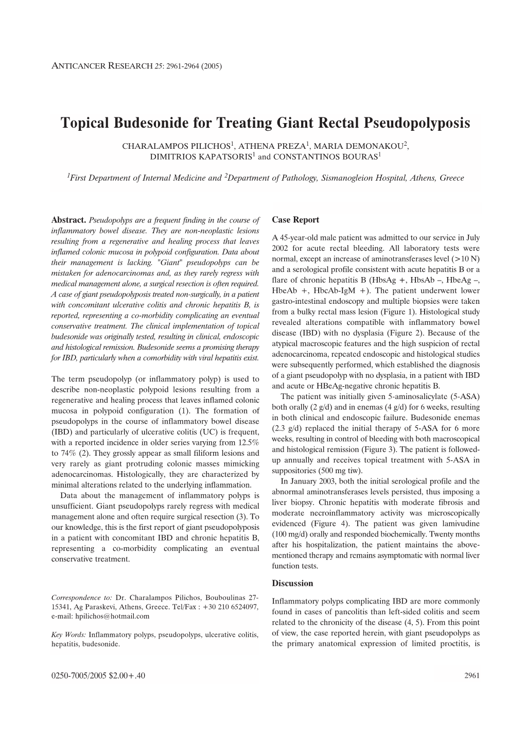 Topical Budesonide for Treating Giant Rectal Pseudopolyposis