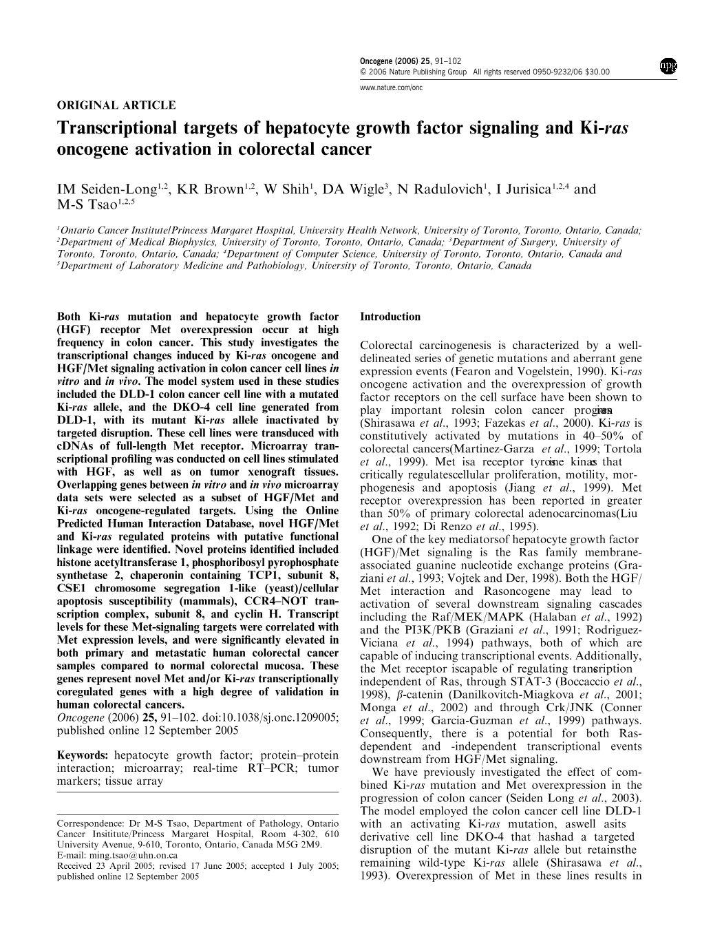 Transcriptional Targets of Hepatocyte Growth Factor Signaling and Ki-Ras Oncogene Activation in Colorectal Cancer