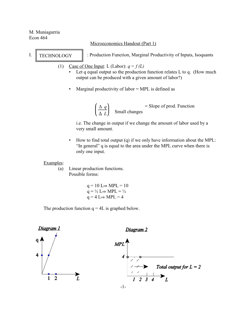 1- TECHNOLOGY Q L M. Muniagurria Econ 464 Microeconomics Handout