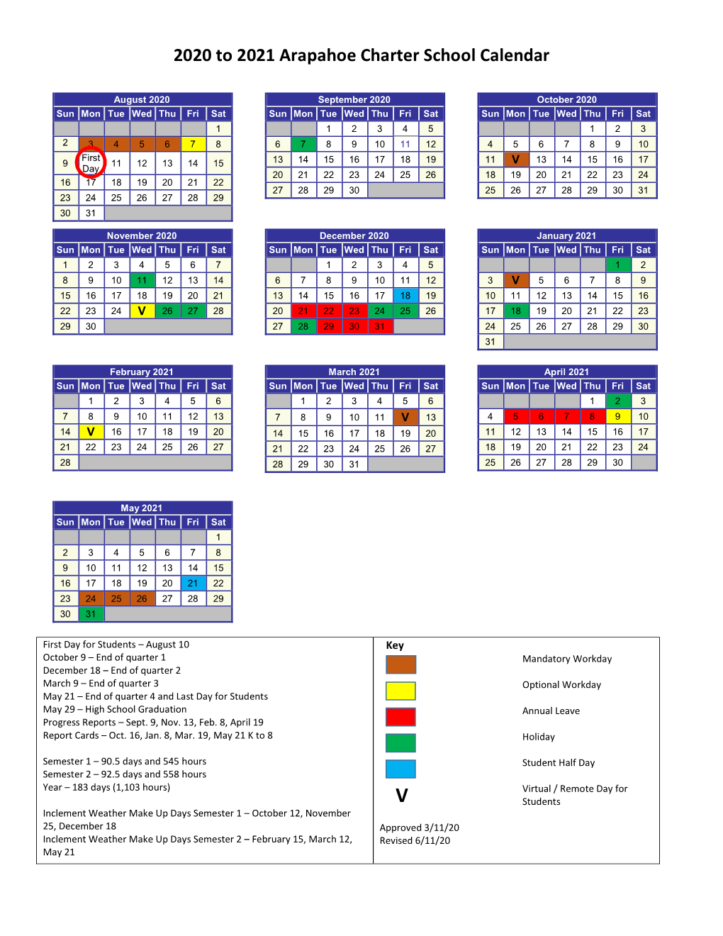 2020 to 2021 Arapahoe Charter School Calendar