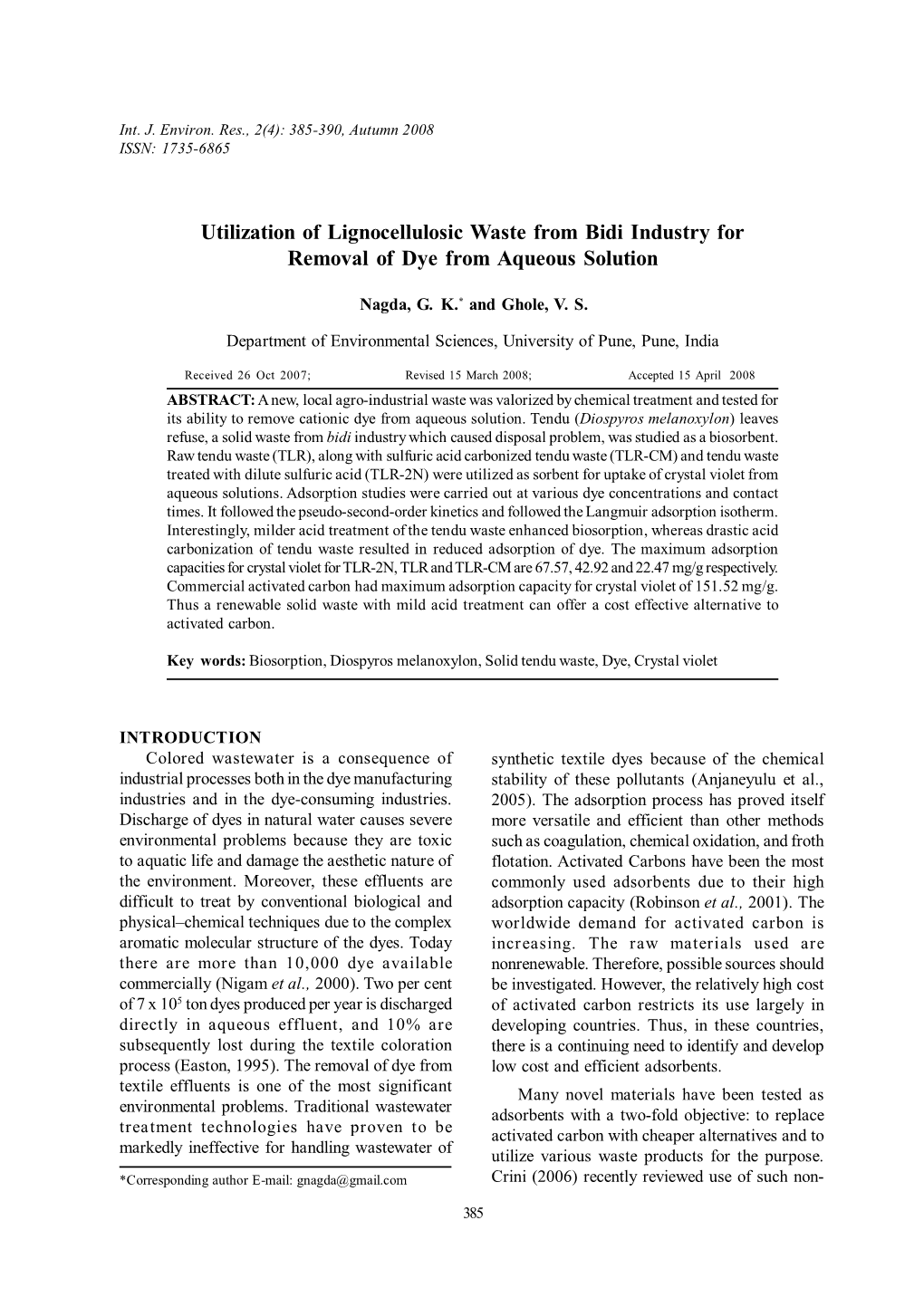 Utilization of Lignocellulosic Waste from Bidi Industry for Removal of Dye from Aqueous Solution